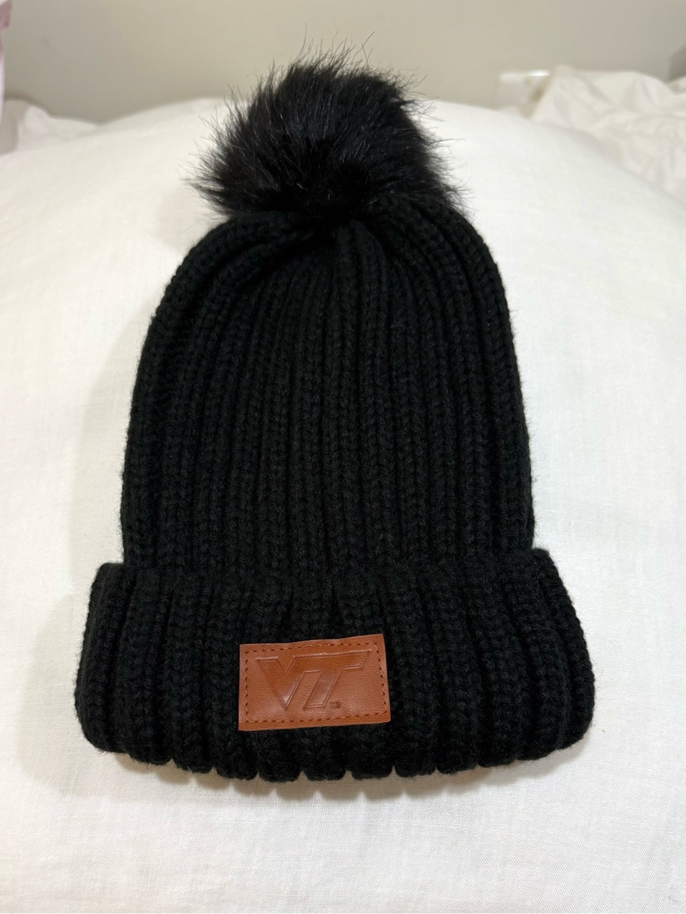 Black Knit Pom Beanie with Faux VT Leather Patch NEW